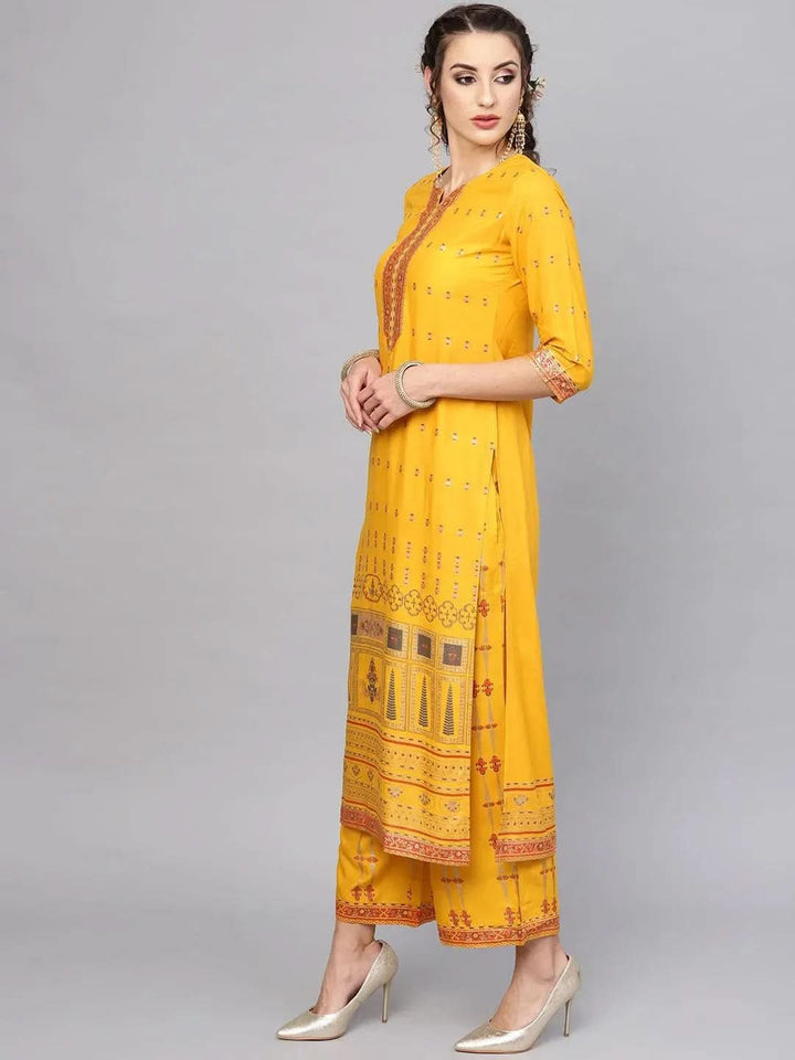 Yellow Printed Rayon Kurta Set - Libas