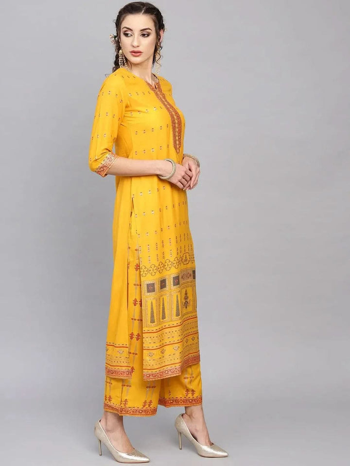 Yellow Printed Rayon Kurta Set - Libas