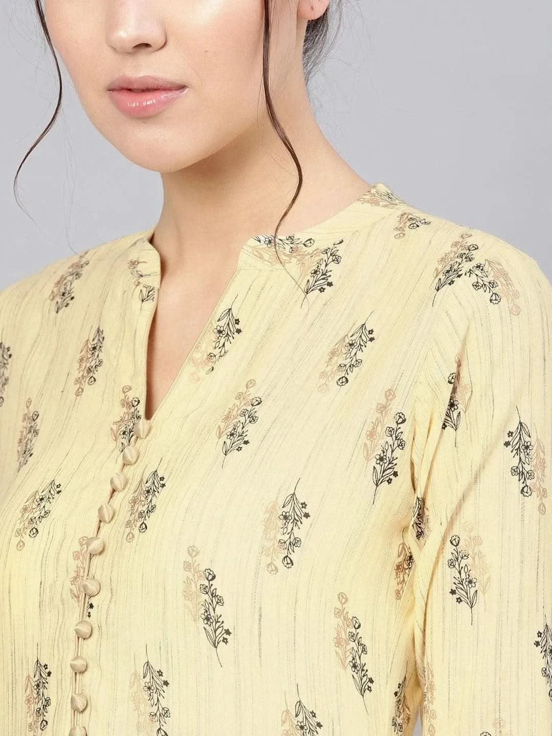 Yellow Printed Rayon Kurta Set - Libas