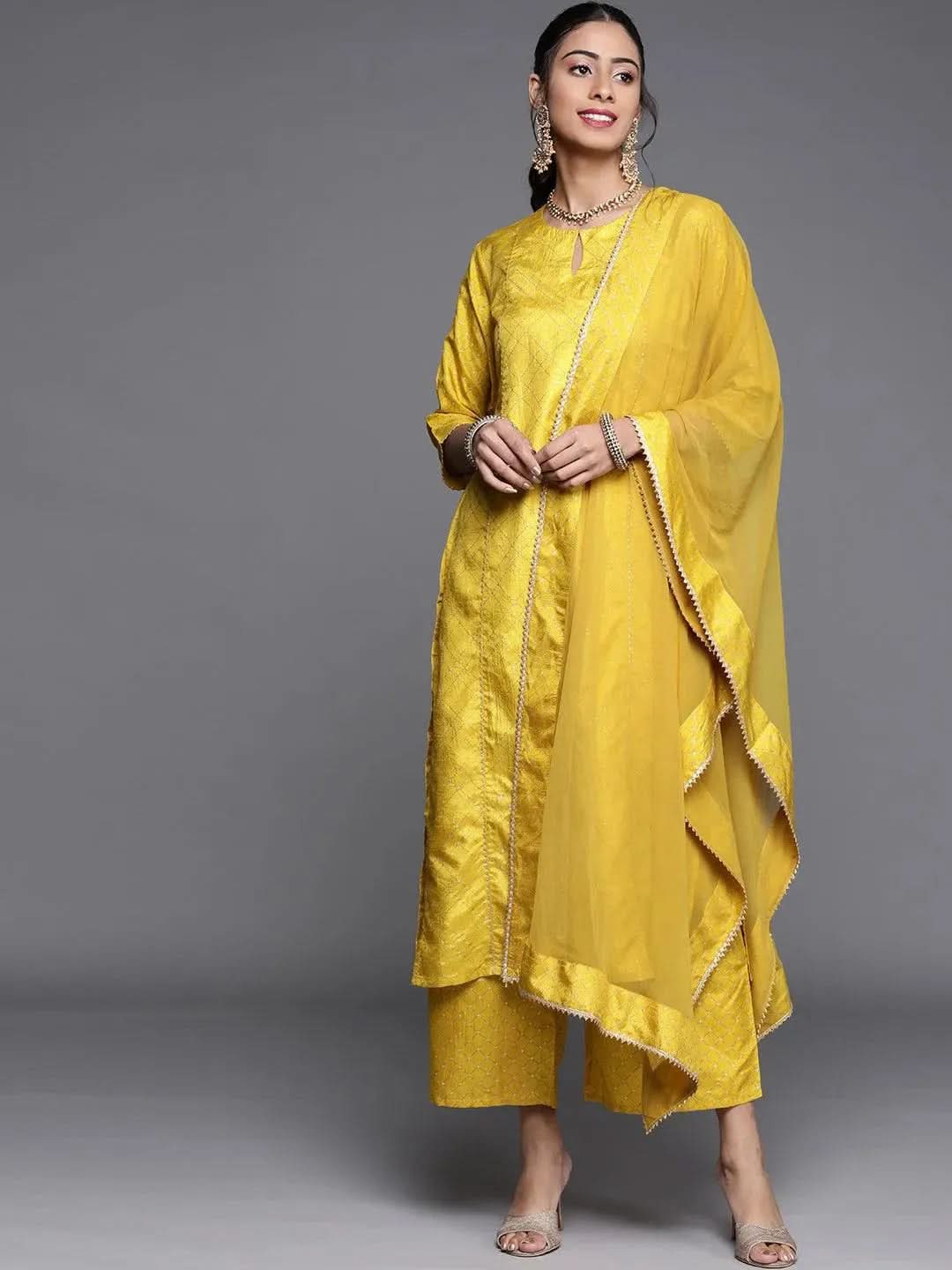 Yellow Printed Silk Blend Suit Set - Libas