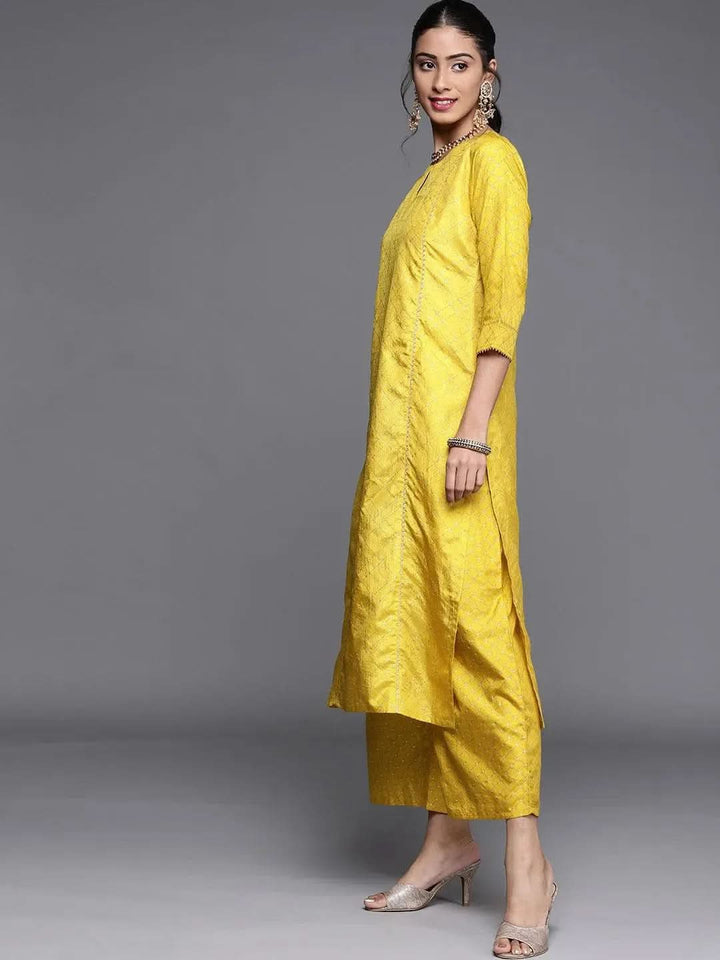 Yellow Printed Silk Blend Suit Set - Libas