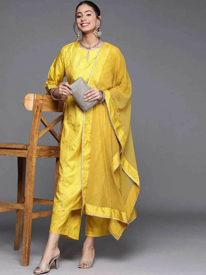 Yellow Printed Silk Blend Suit Set - Libas
