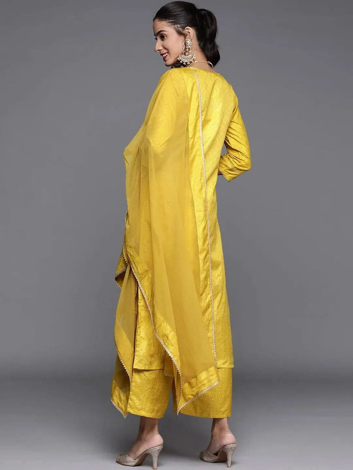 Yellow Printed Silk Blend Suit Set - Libas
