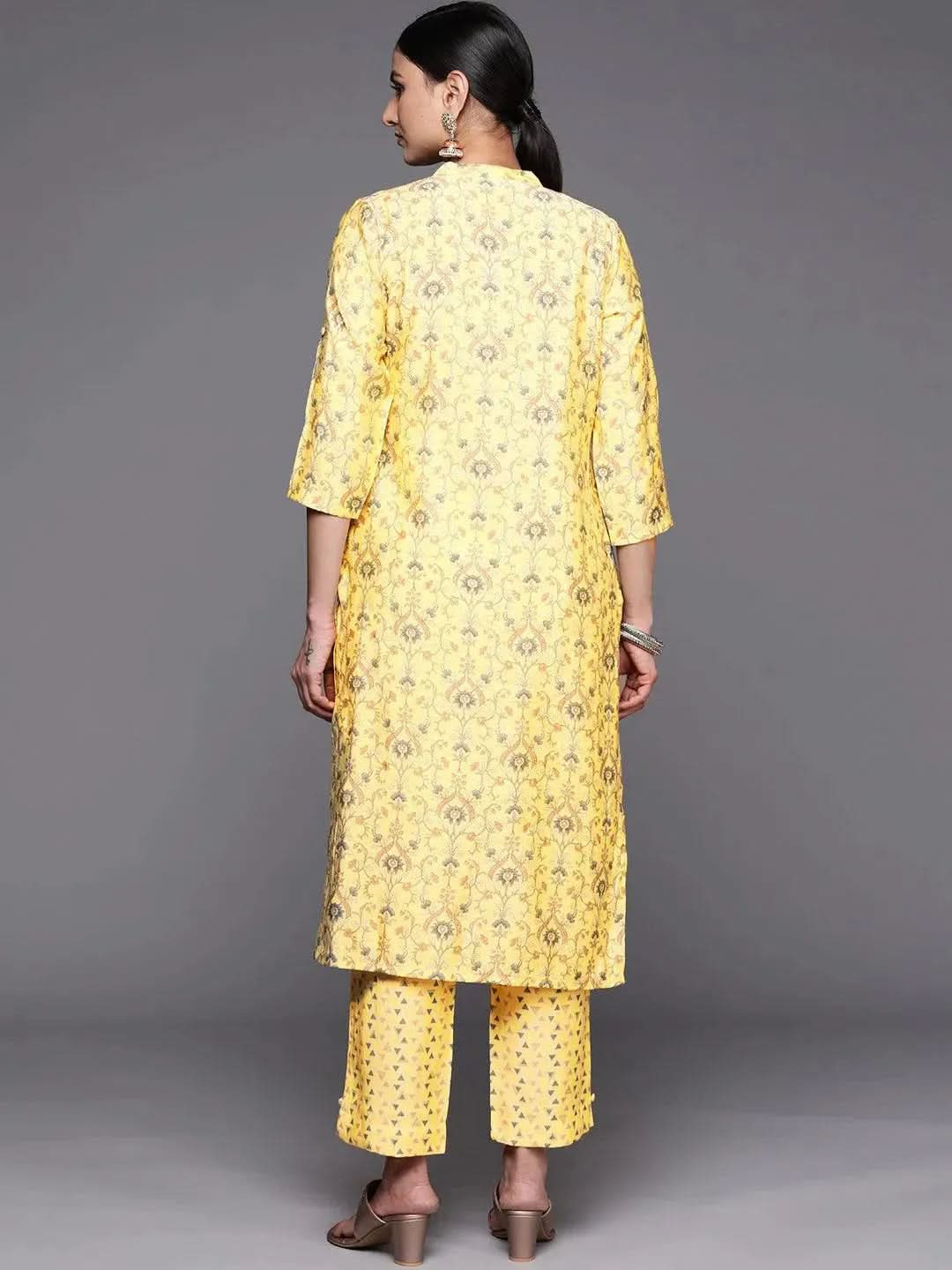 Yellow Printed Silk Blend Straight Kurta Set With Trousers - Libas