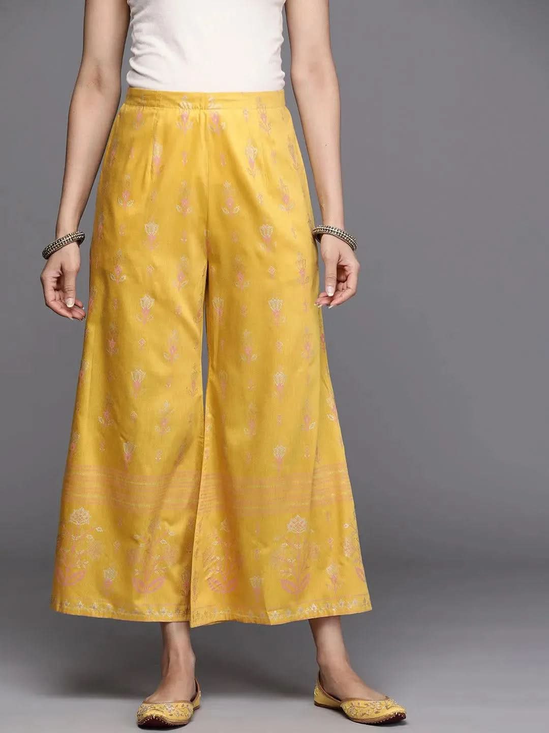 Yellow Printed Silk Palazzos - Libas