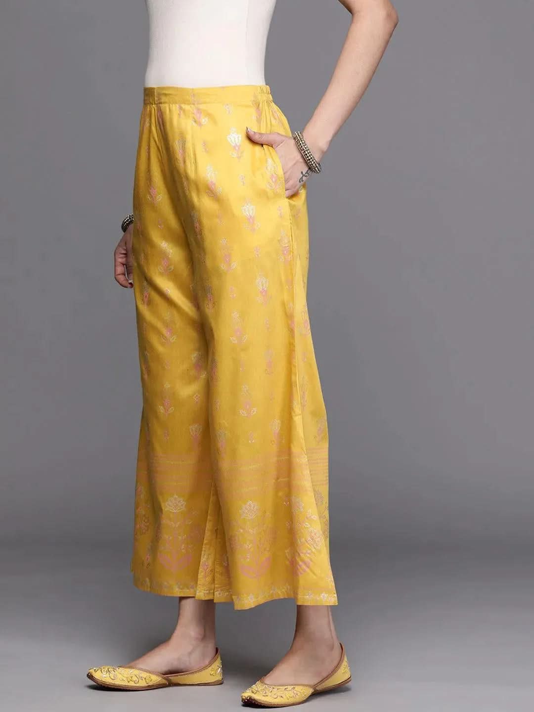 Yellow Printed Silk Palazzos - Libas