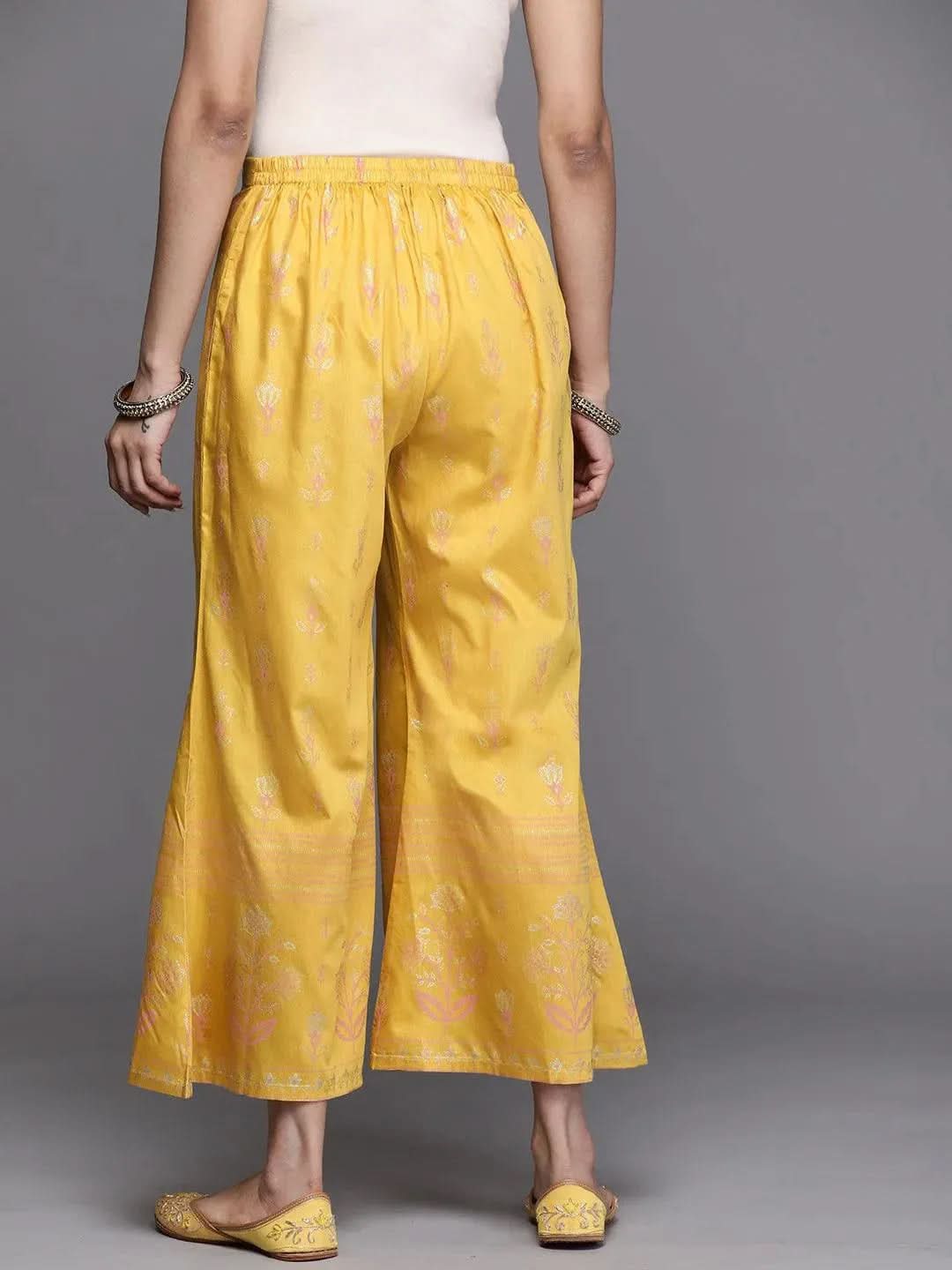 Yellow Printed Silk Palazzos - Libas