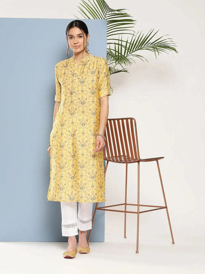 Yellow Printed Silk Straight Kurta - Libas