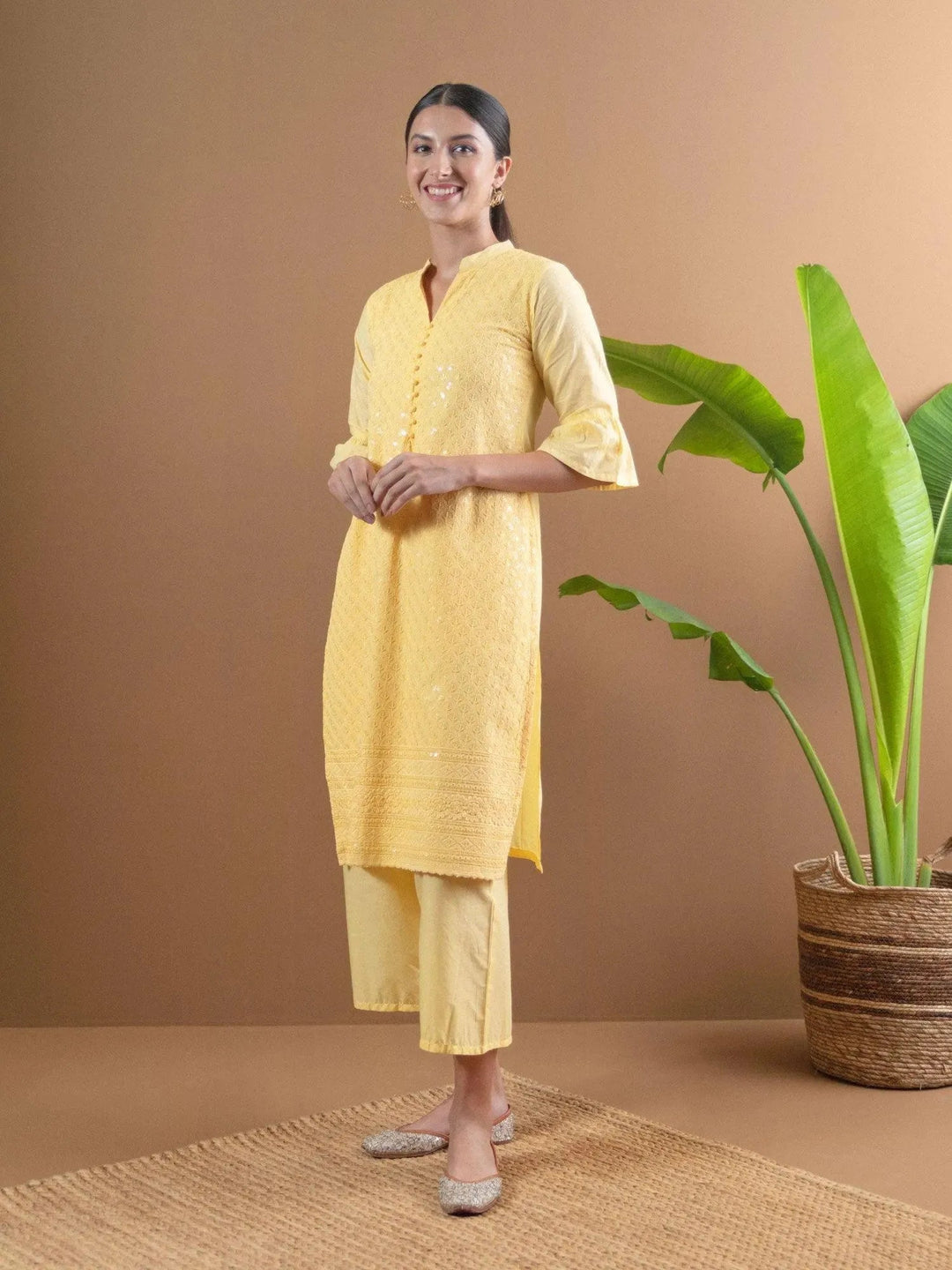 Yellow Schiffli Cotton Kurta Set - Libas
