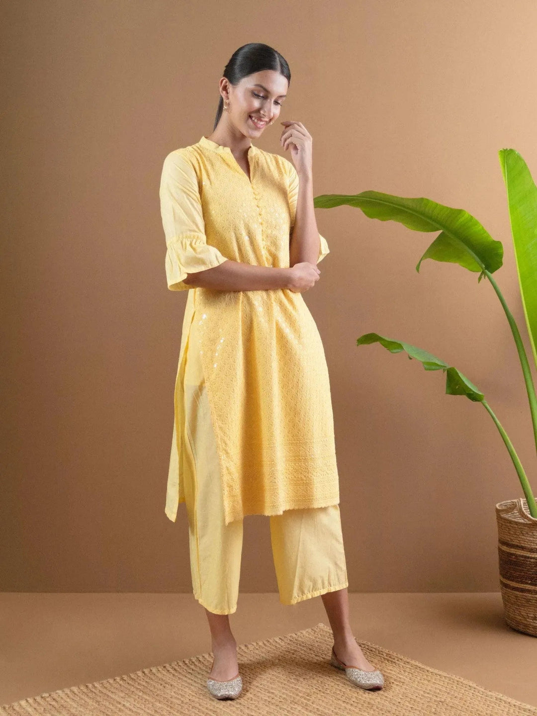 Yellow Schiffli Cotton Kurta Set - Libas