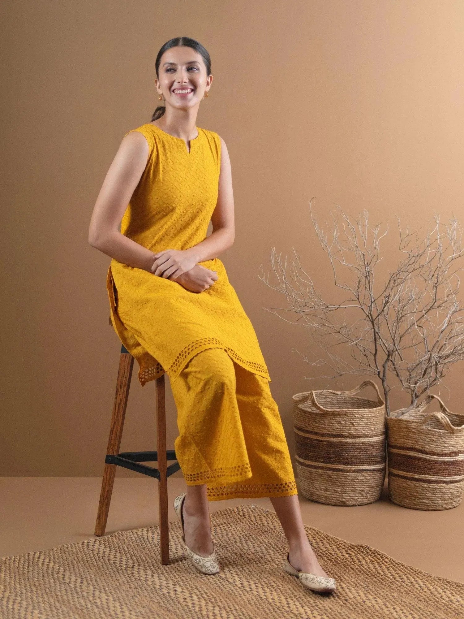 Yellow Schiffli Cotton Straight Kurta With Palazzos
Yellow Schiffli Cotton Straight Kurta With Palazzos