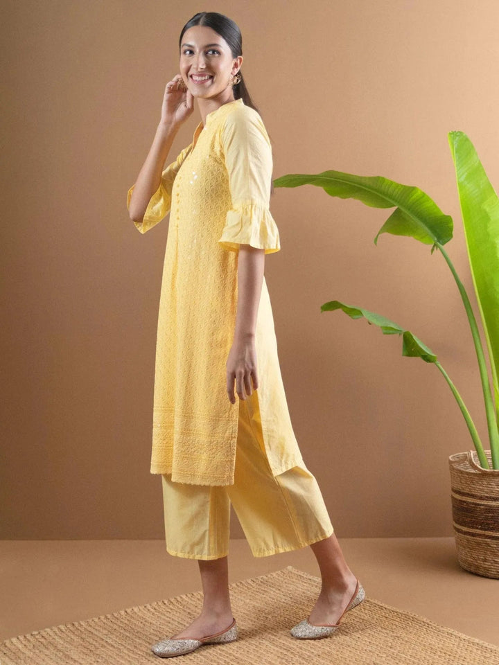 Yellow Schiffli Cotton Kurta Set - Libas