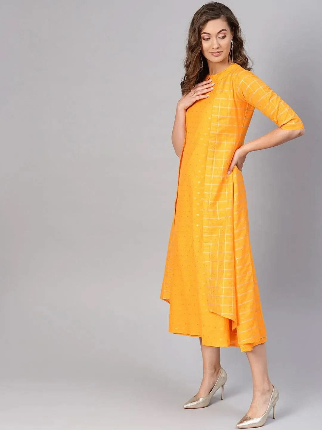 Yellow Self Design Chanderi Dress With Jacket
Yellow Self Design Chanderi Dress With Jacket
