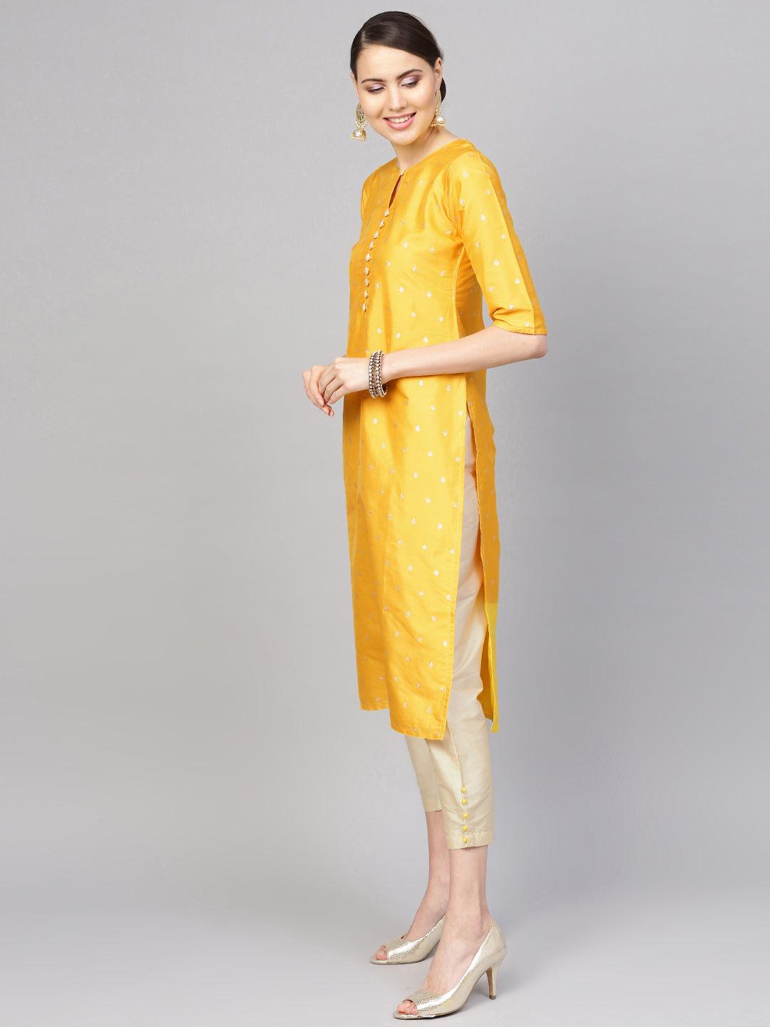 

Yellow Self Design Chanderi Silk Straight Kurta With Dupatta