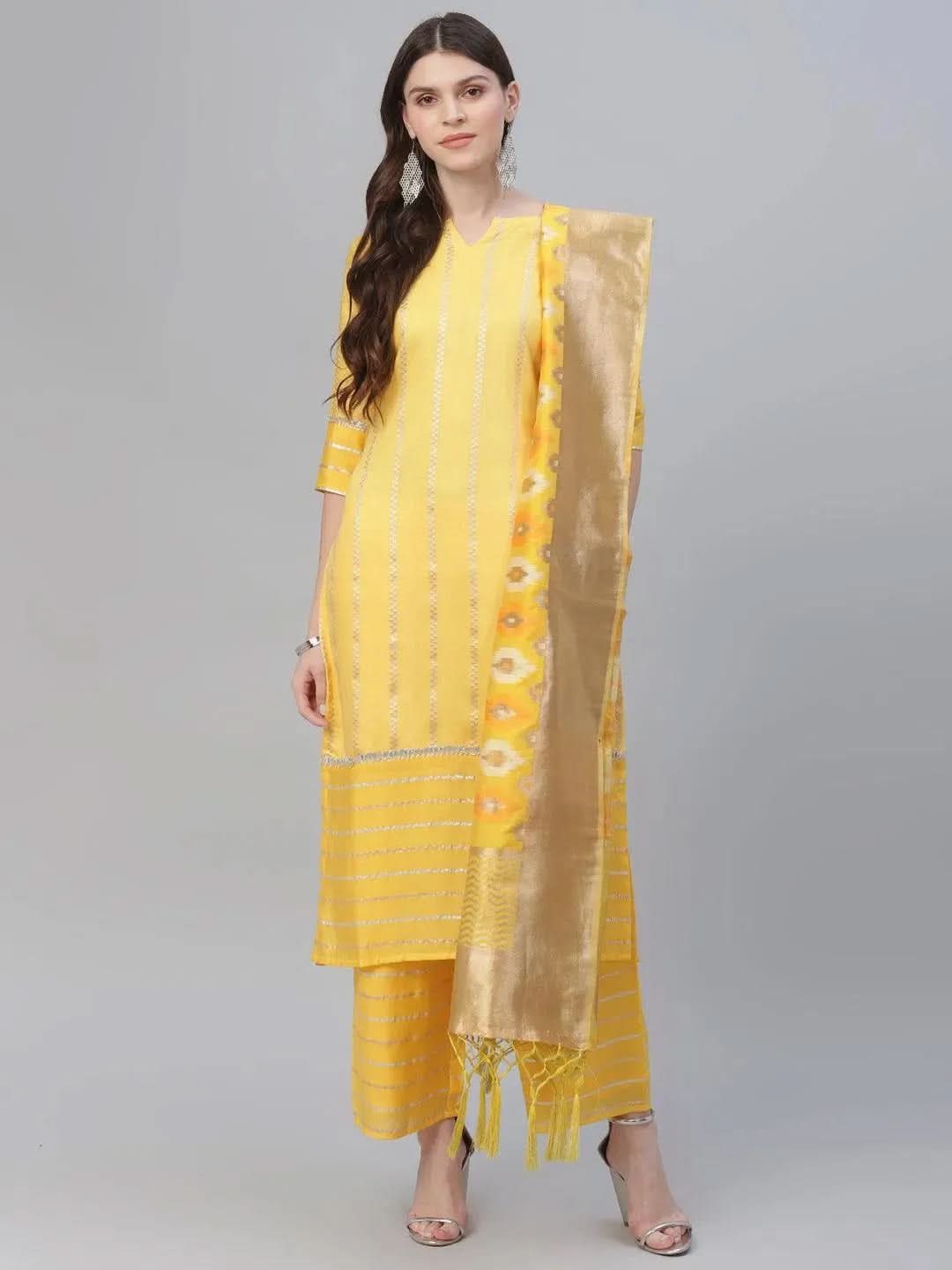 Yellow Self Design Chanderi Suit Set - Libas