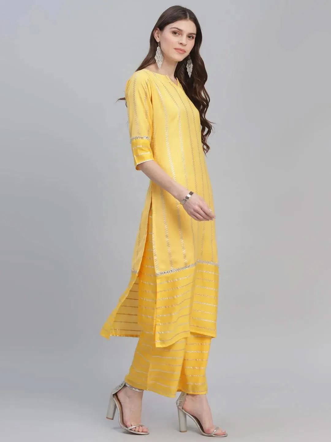 Yellow Self Design Chanderi Suit Set - Libas
