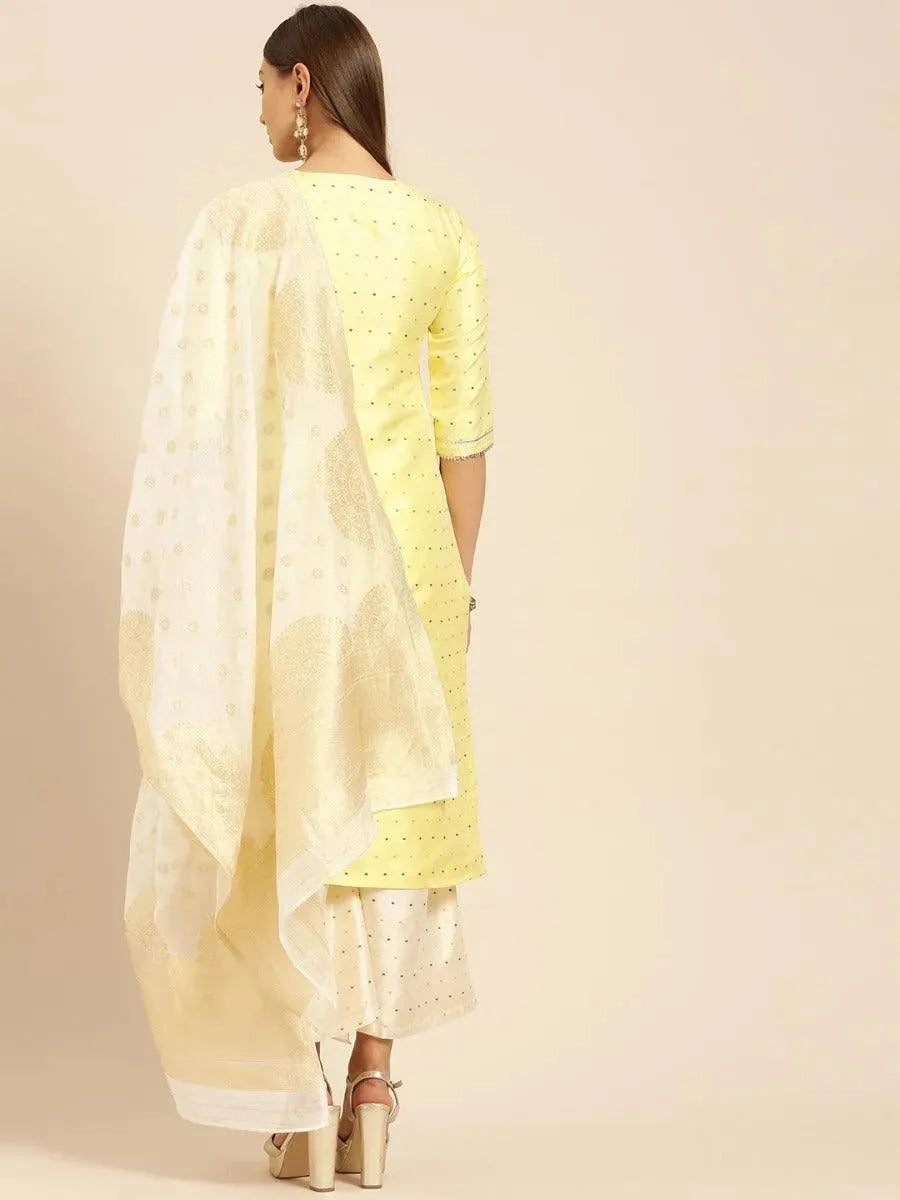 Yellow Self Design Chanderi Silk Straight Kurta With Palazzos & Dupatta 
Yellow Self Design Chanderi Silk Straight Kurta With Palazzos & Dupatta