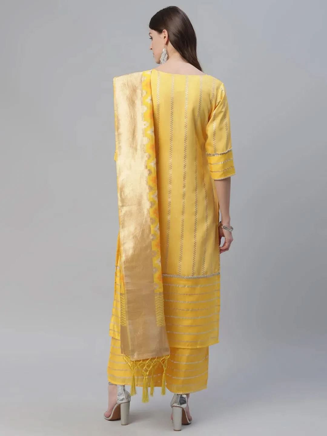 Yellow Self Design Chanderi Suit Set - Libas