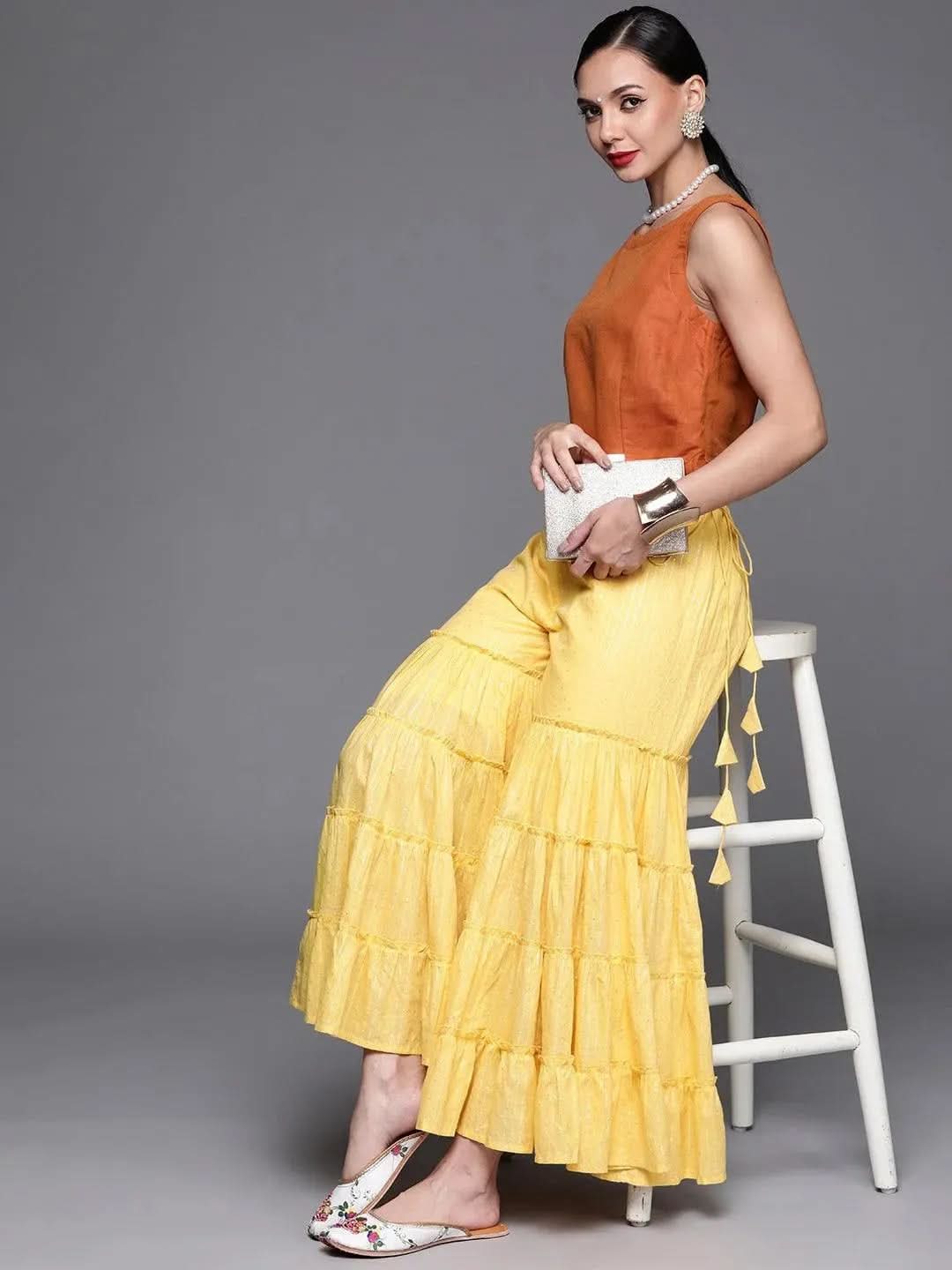 Buy Yellow Self Design Cotton Sharara Pants - PL976O-S | Libas Ethnic Wear Online 
Buy Yellow Self Design Cotton Sharara Pants - PL976O-S | Libas Ethnic Wear Online