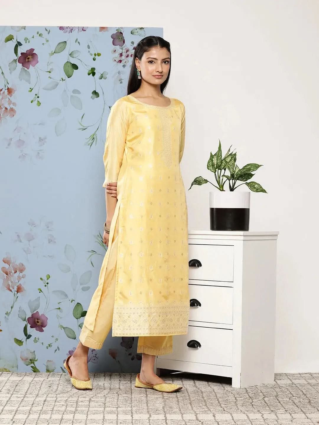 Yellow Self Design Silk Blend Suit Set With Trousers - Libas