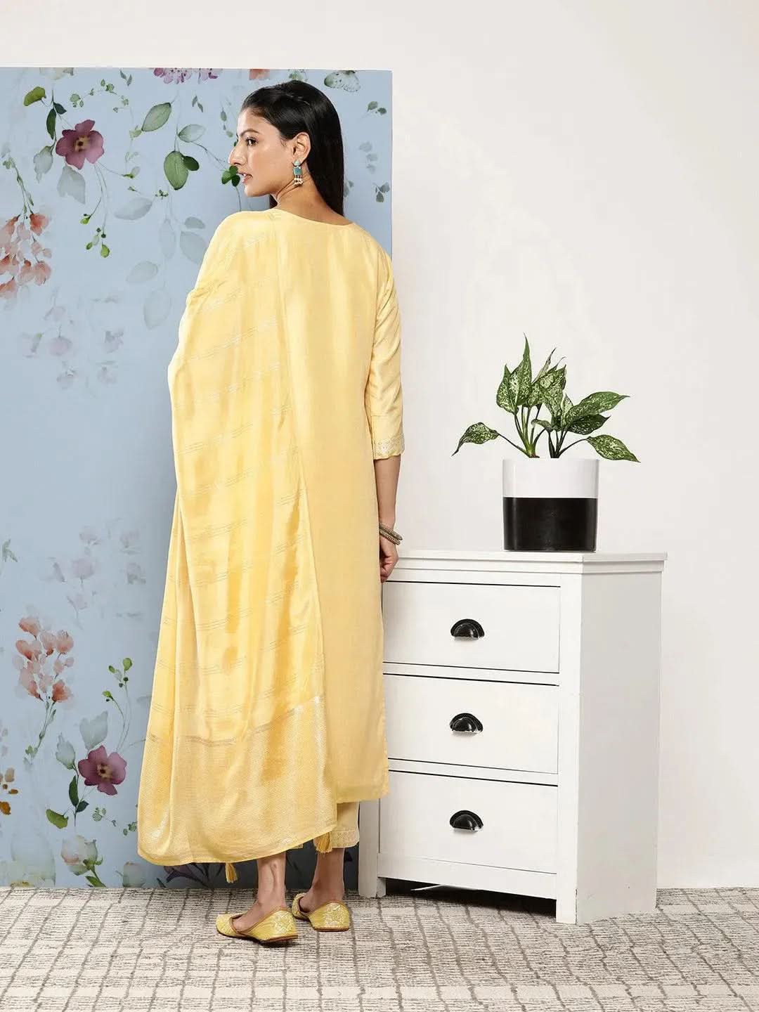 Yellow Self Design Silk Blend Straight Kurta With Trousers & Dupatta
Yellow Self Design Silk Blend Straight Kurta With Trousers & Dupatta