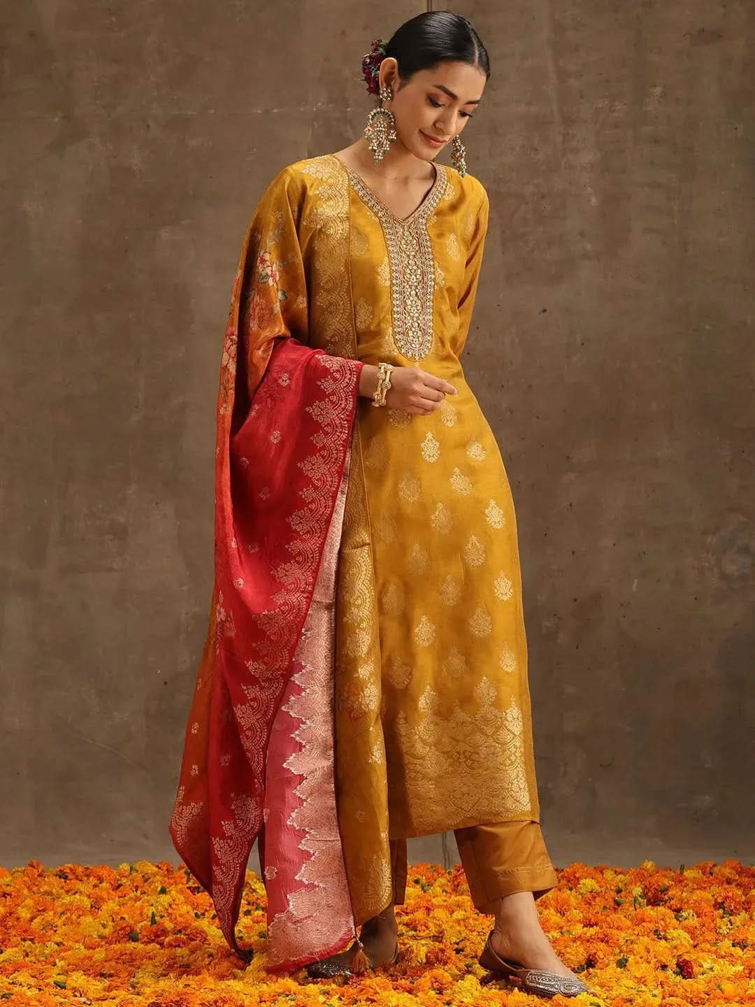 Yellow Self Design Silk Suit Set With Trousers - Libas