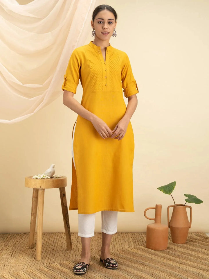Yellow Solid Cotton Kurta - Libas