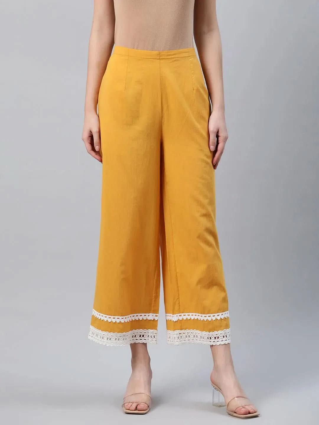 Yellow Solid Cotton Palazzos - Libas