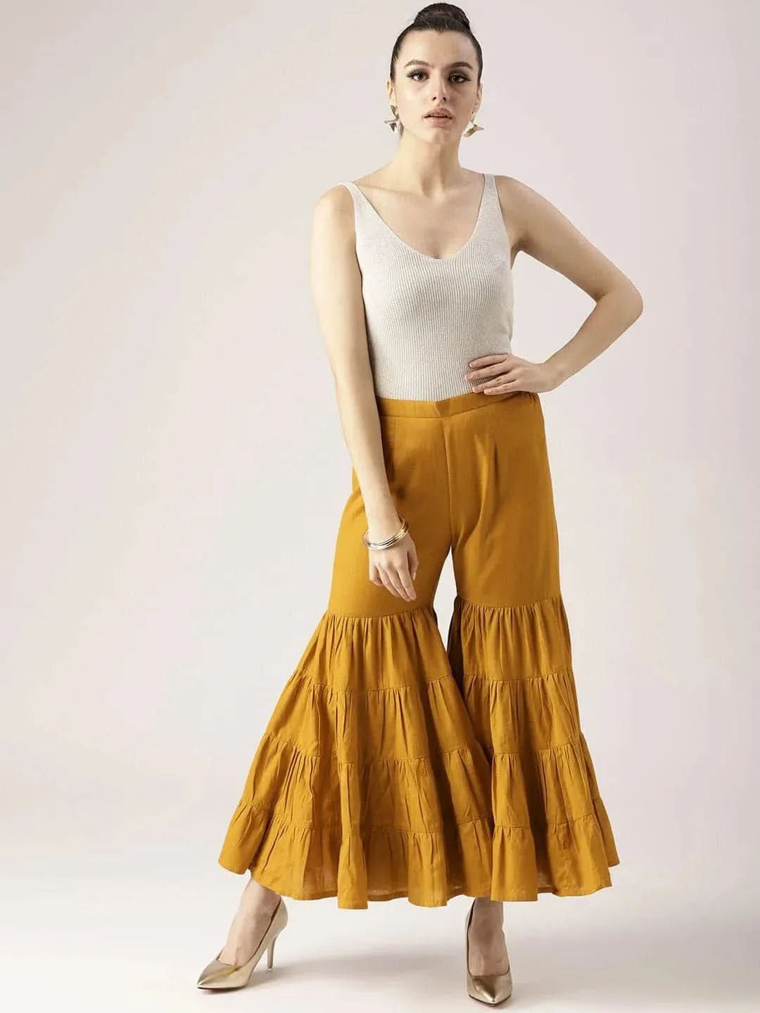 Yellow Solid Cotton Sharara Pants - Libas