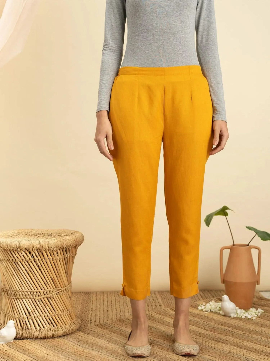 Yellow Solid Cotton Trousers - Libas
