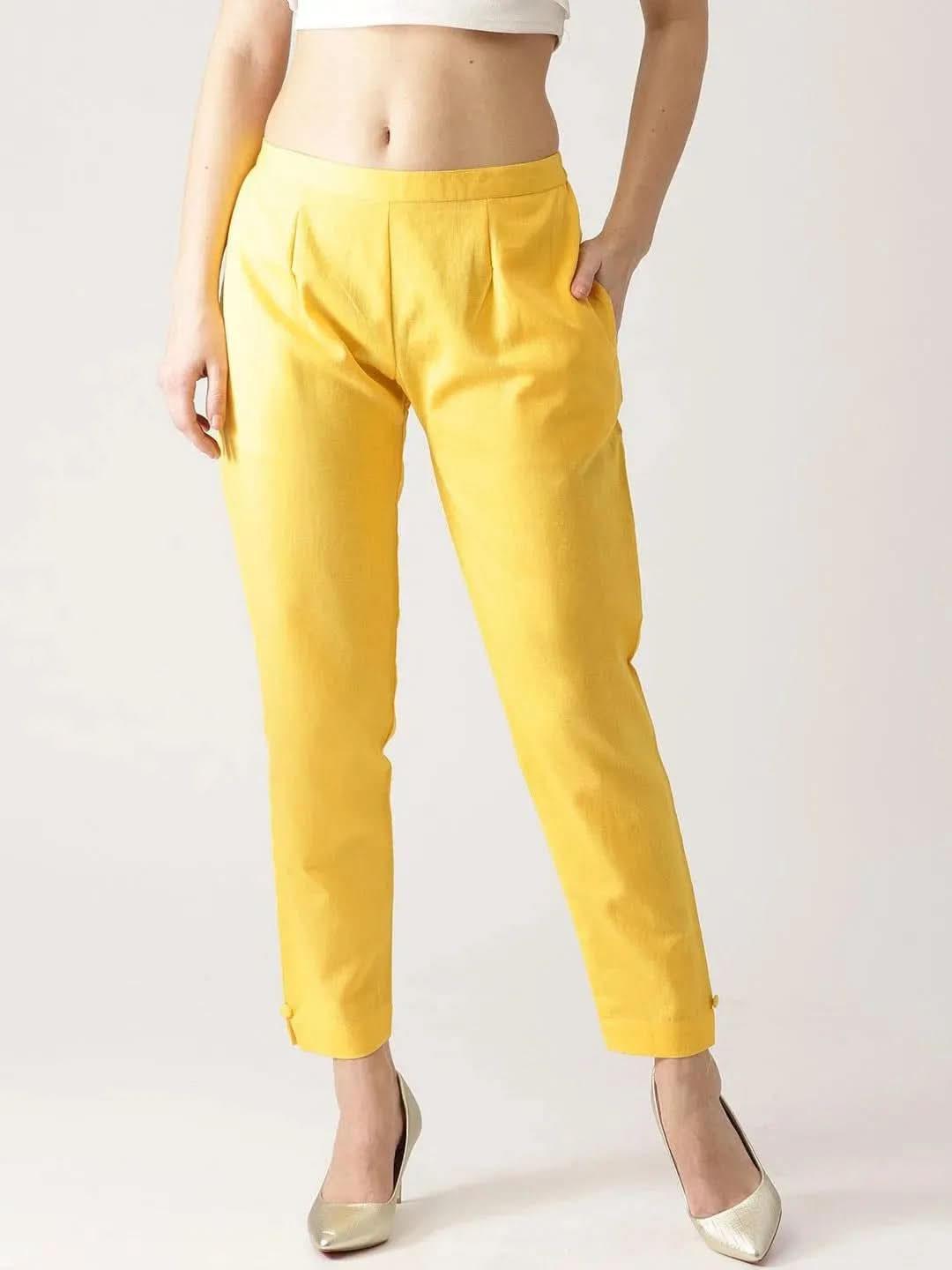 Yellow Solid Cotton Trousers - Libas