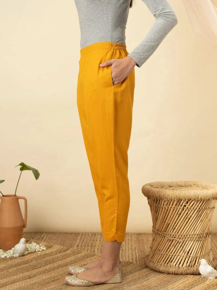 Yellow Solid Cotton Trousers - Libas