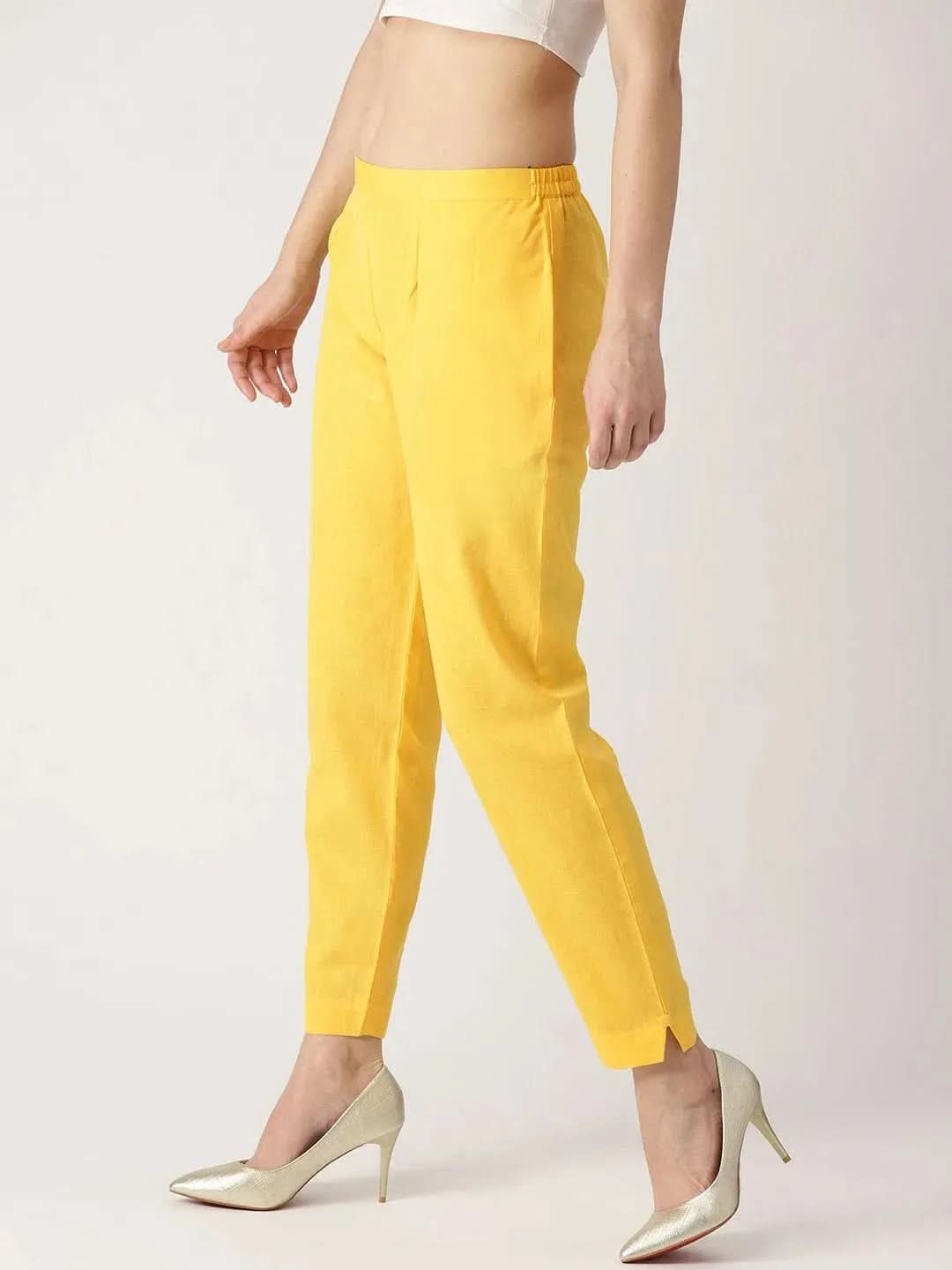 Yellow Solid Cotton Trousers - Libas