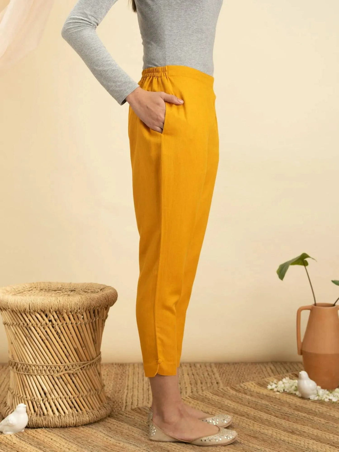 Yellow Solid Cotton Trousers - Libas