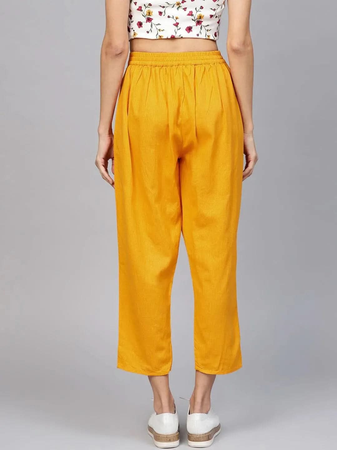 Yellow Solid Cotton Trousers - Libas