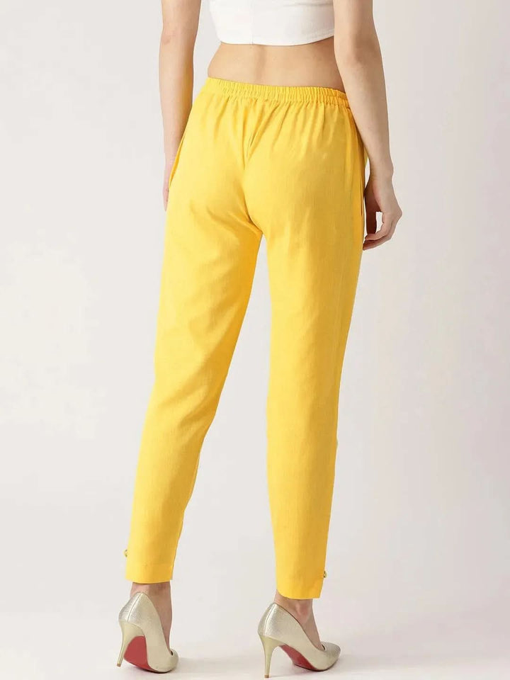 Yellow Solid Cotton Trousers - Libas