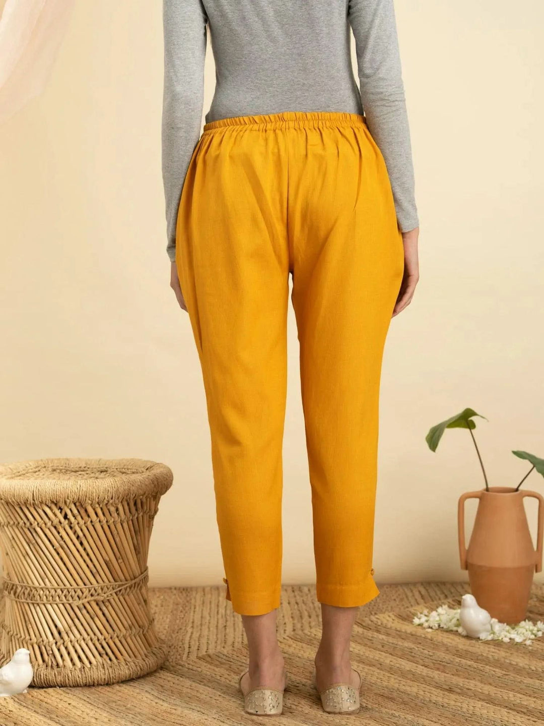 Yellow Solid Cotton Trousers - Libas