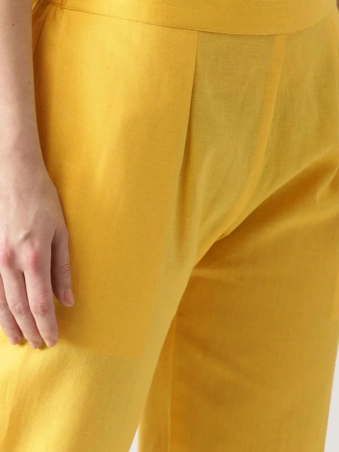 Yellow Solid Cotton Trousers - Libas