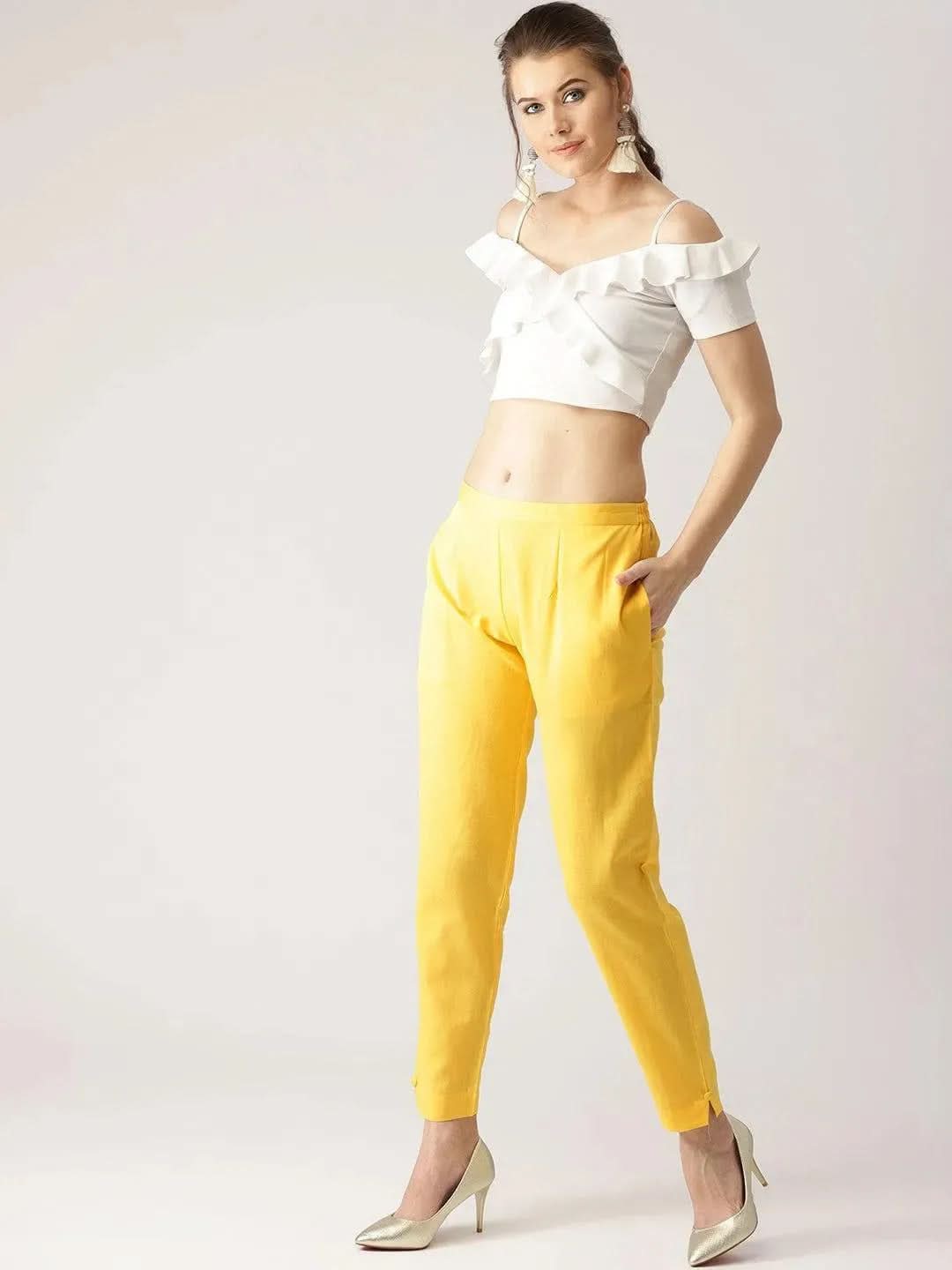 Yellow Solid Cotton Trousers - Libas