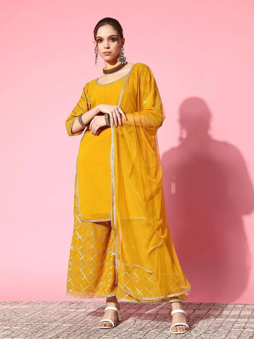 Yellow Solid Georgette Straight Kurta With Palazzos & Dupatta
Yellow Solid Georgette Straight Kurta With Palazzos & Dupatta
