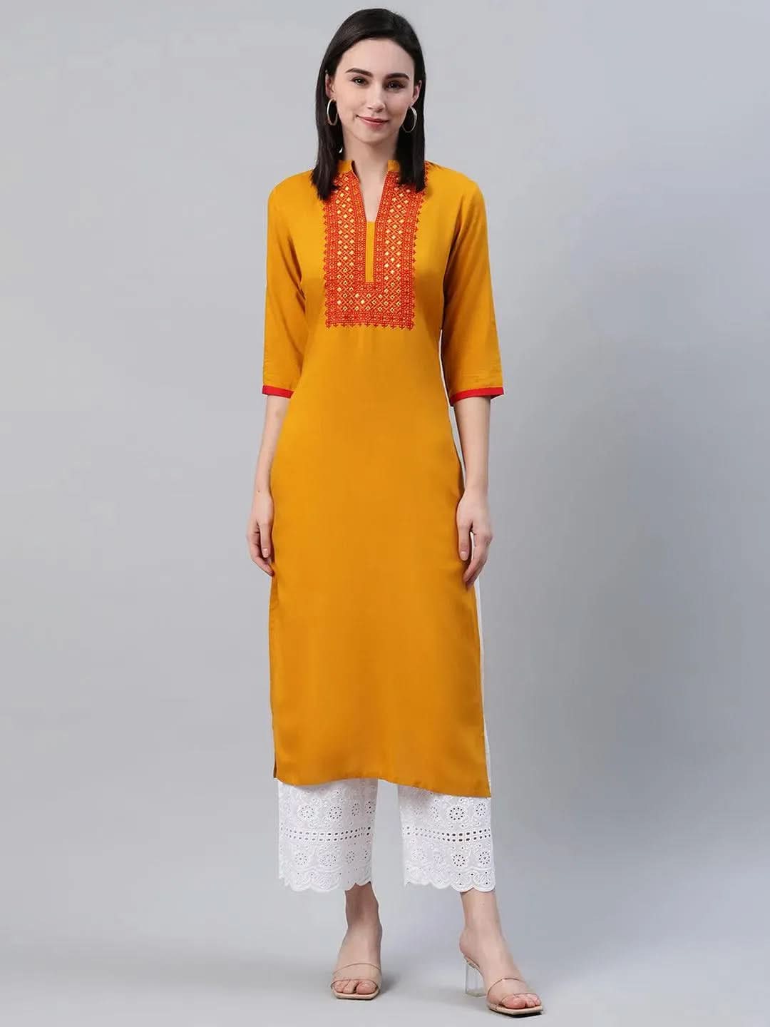 Yellow Solid Rayon Kurta - Libas