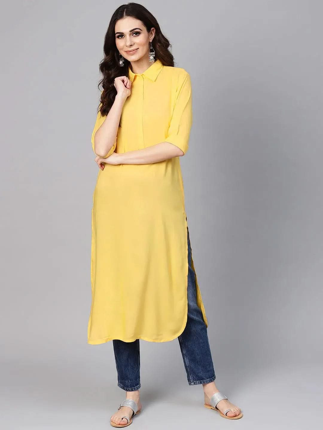 Yellow Solid Rayon Kurta - Libas