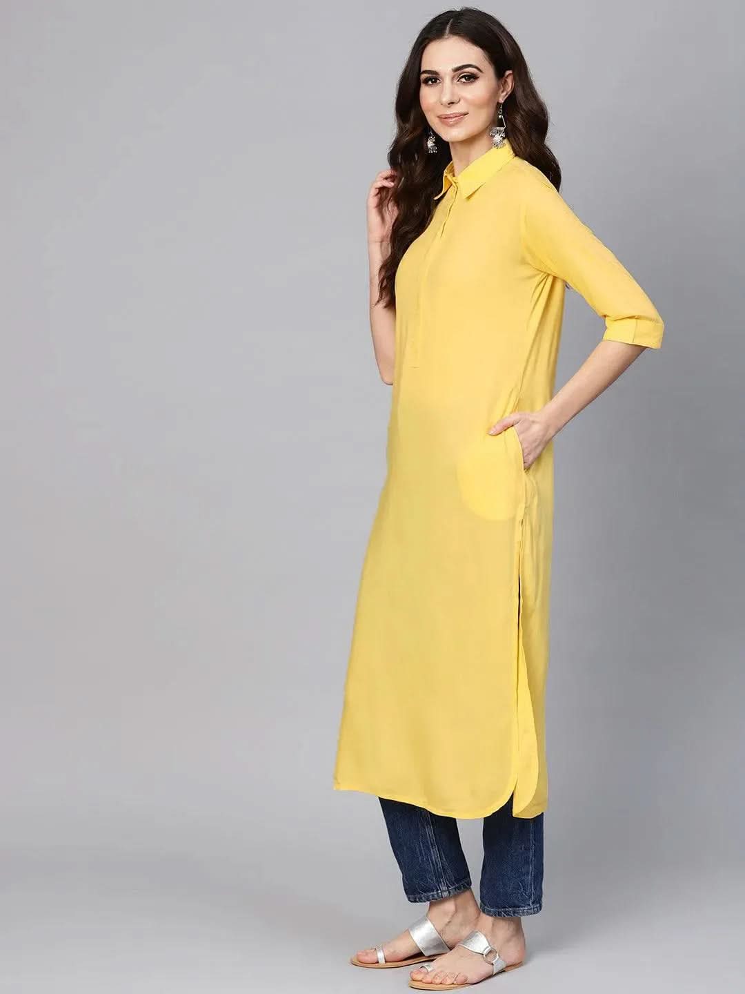 Yellow Solid Rayon Kurta - Libas