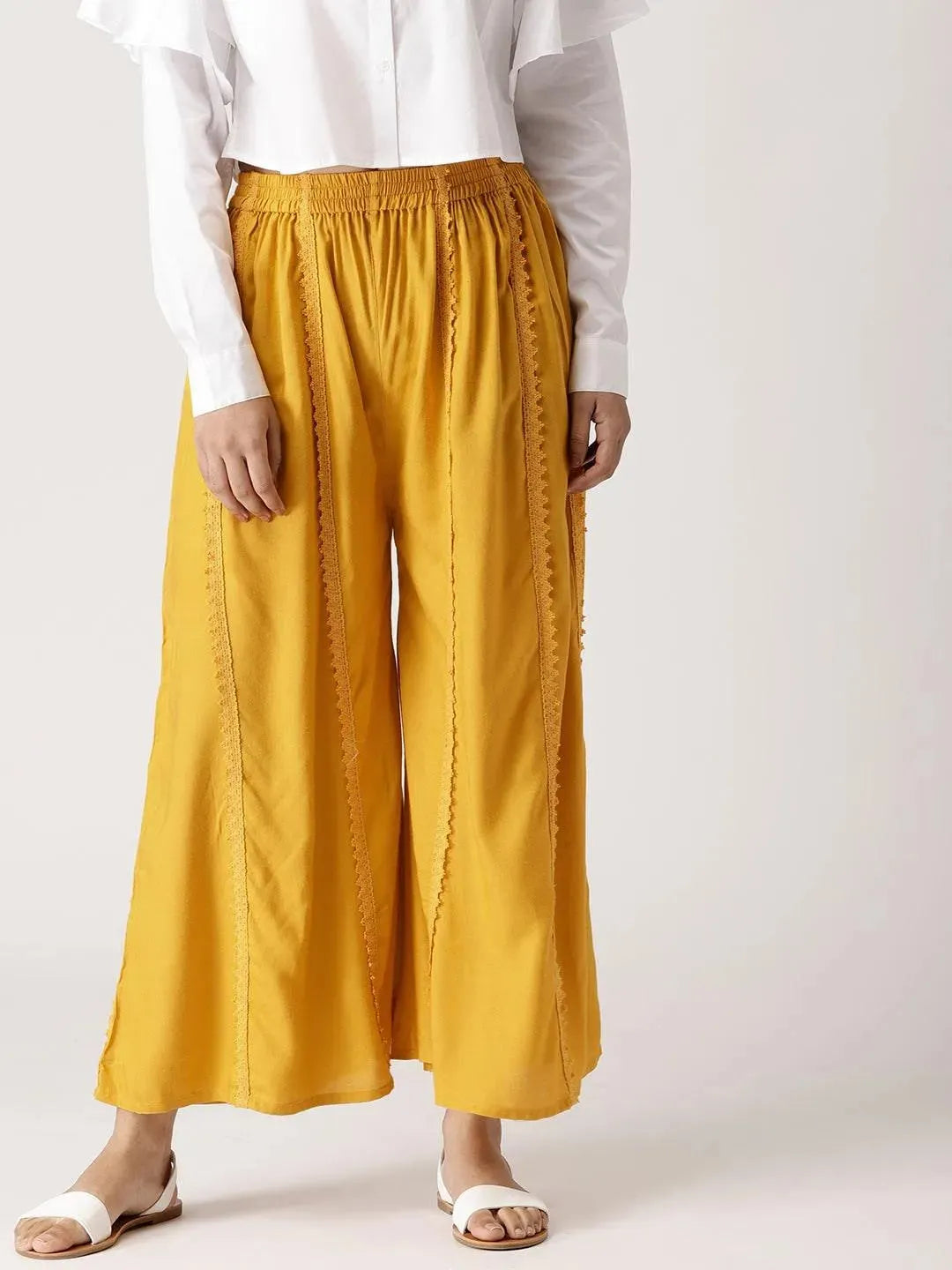 Yellow Solid Rayon Palazzos - Libas