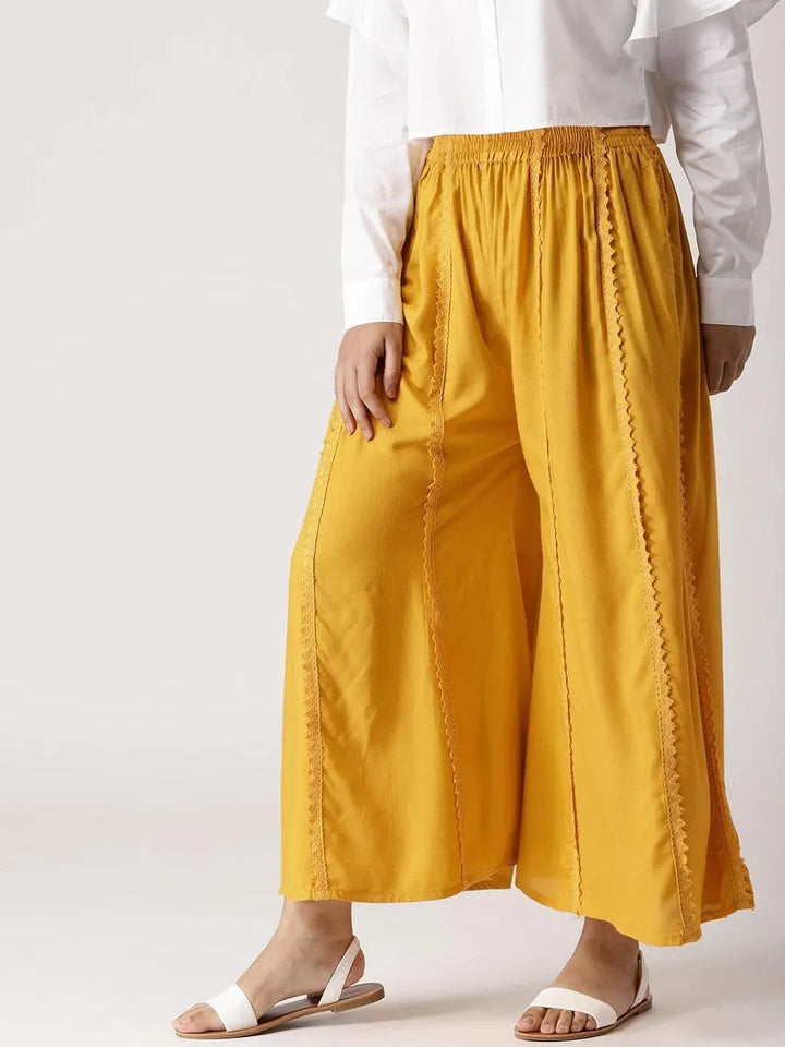 Yellow Solid Rayon Palazzos - Libas