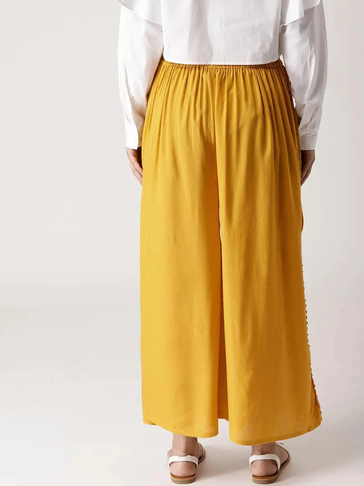 Yellow Solid Rayon Palazzos - Libas