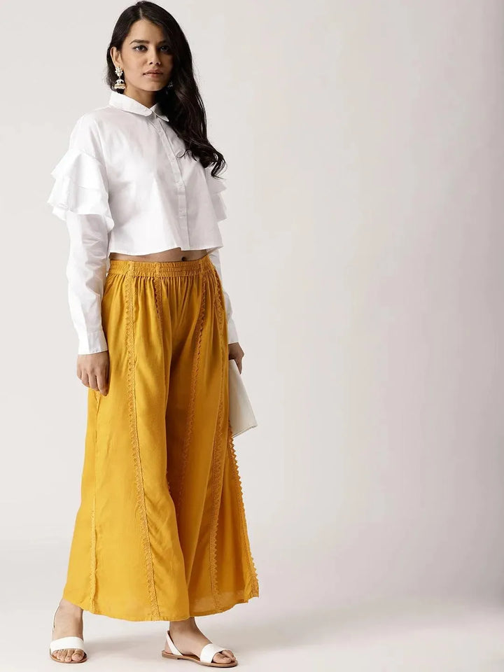 Yellow Solid Rayon Palazzos - Libas