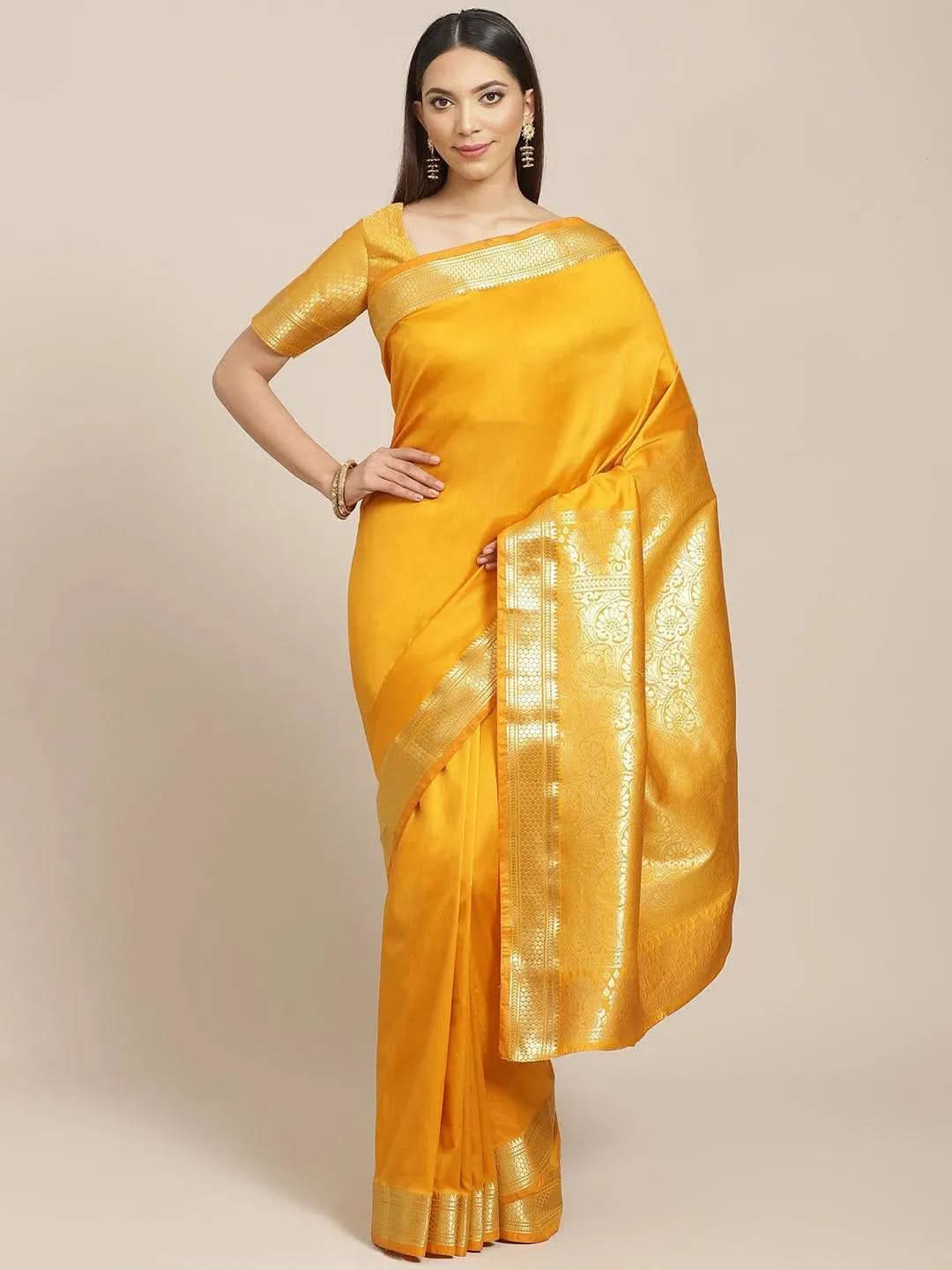 Yellow Solid Silk Blend Saree - Libas