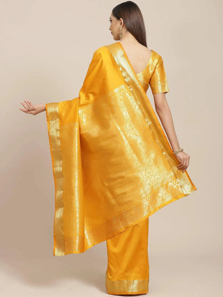 Yellow Solid Silk Blend Saree - Libas