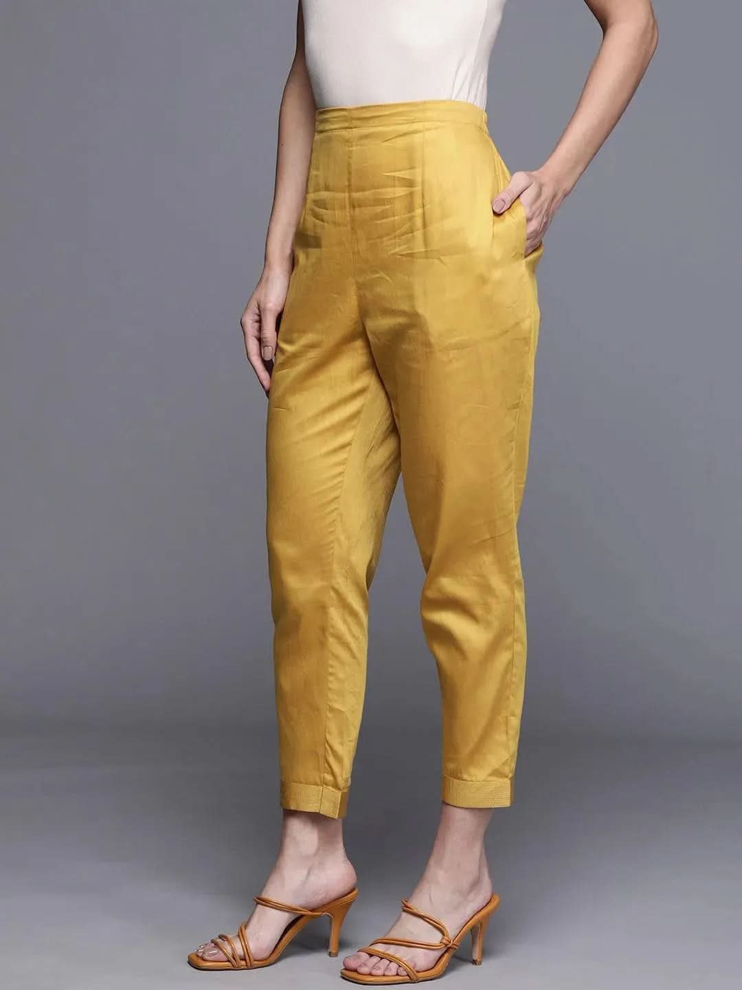 Yellow Solid Silk Trousers - Libas